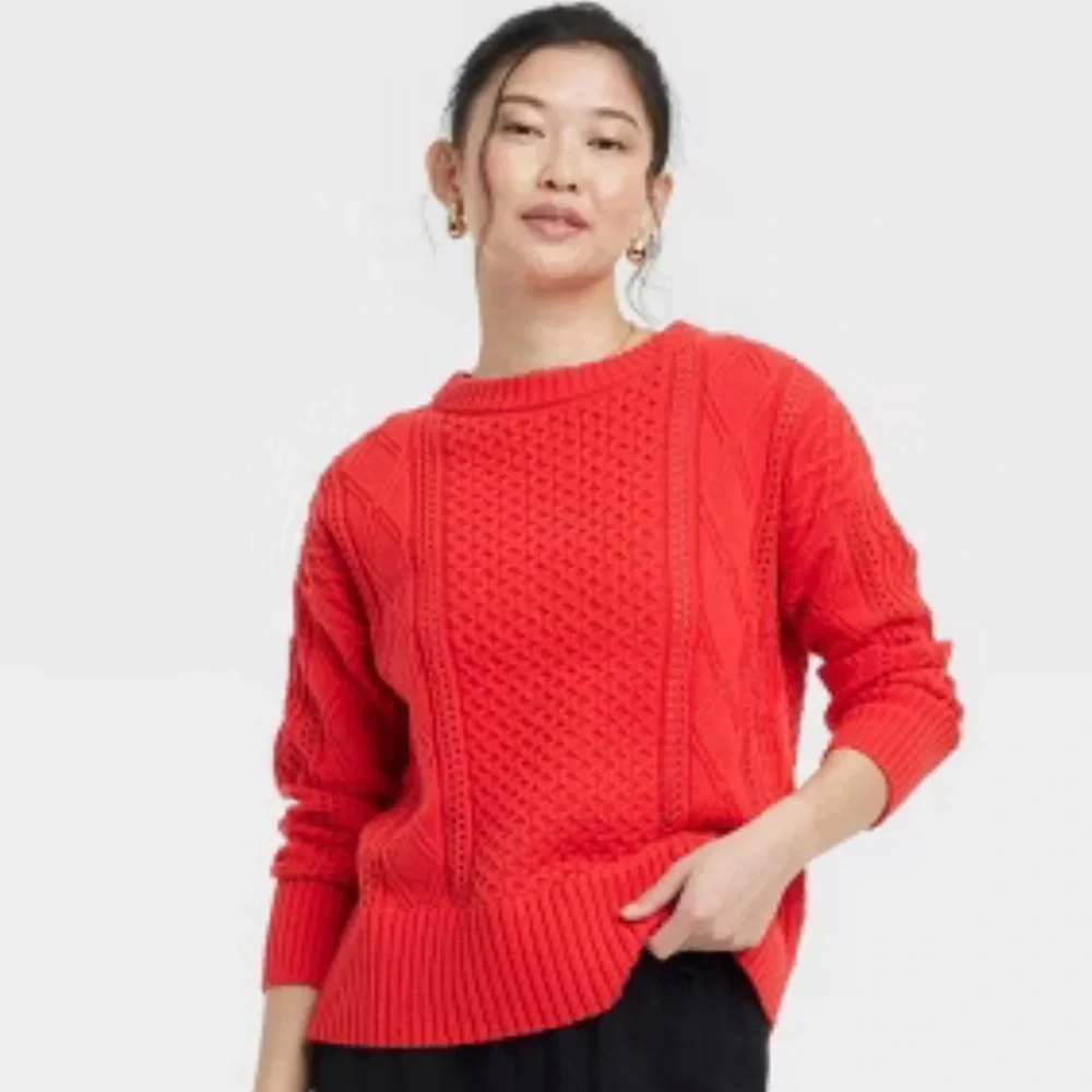 NWT A New Day Red Cable Pointelle Knit Sweater Women’s M